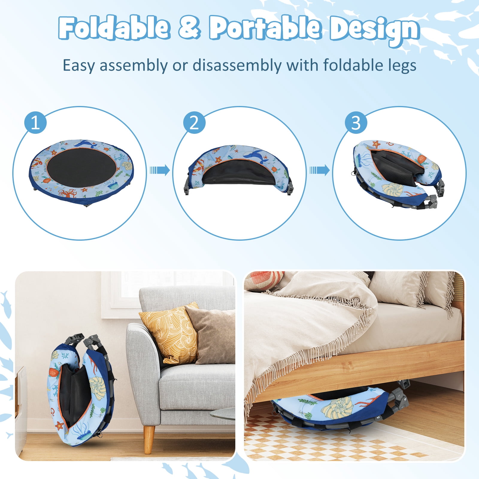 Gymax 36'' Foldable Kid Trampoline w/ 20 LED Lights Foam Handlebar Padded Safety Cover Blue