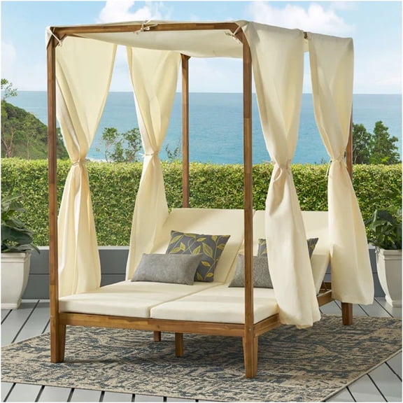 JERFIT Outdoor Acacia Wood Daybed with Canopy and Waterproof Cushions, Patio Lounge Bed for Backyard, Teak Finish