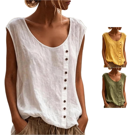 Rhuody Tops For Women Loose Fit Button Front Sleeveless Vest Summer Basic Tank Tops Versatile Women'S Clothing White