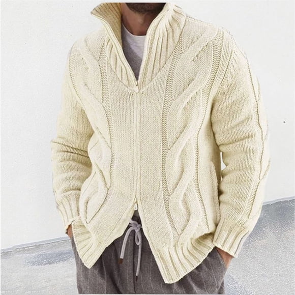 TIMIFIS Cardigan Beige à Fermeture Éclair Complète pour Hommes, Tricot Torsadé, Col Montant, Couleur Unie, Manches Longues, Vestes en Maille Décontractées