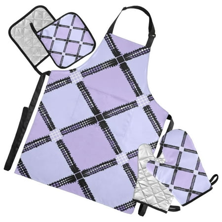 Tartan Plaids in Purple Black Apron Set with Oven Mitts Pot Holders Set of 5 Kitchen Stuff Accessories