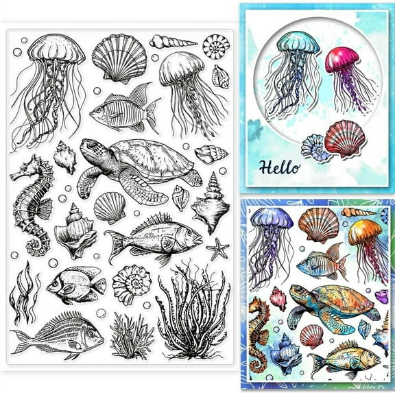 Single Piece Marine Life Background Clear Stamp Ocean Animals Background Silicone Stamp for DIY Scrapbooking oto Album Decorative Cards Making Home Decoration 6.3x4.33inch
