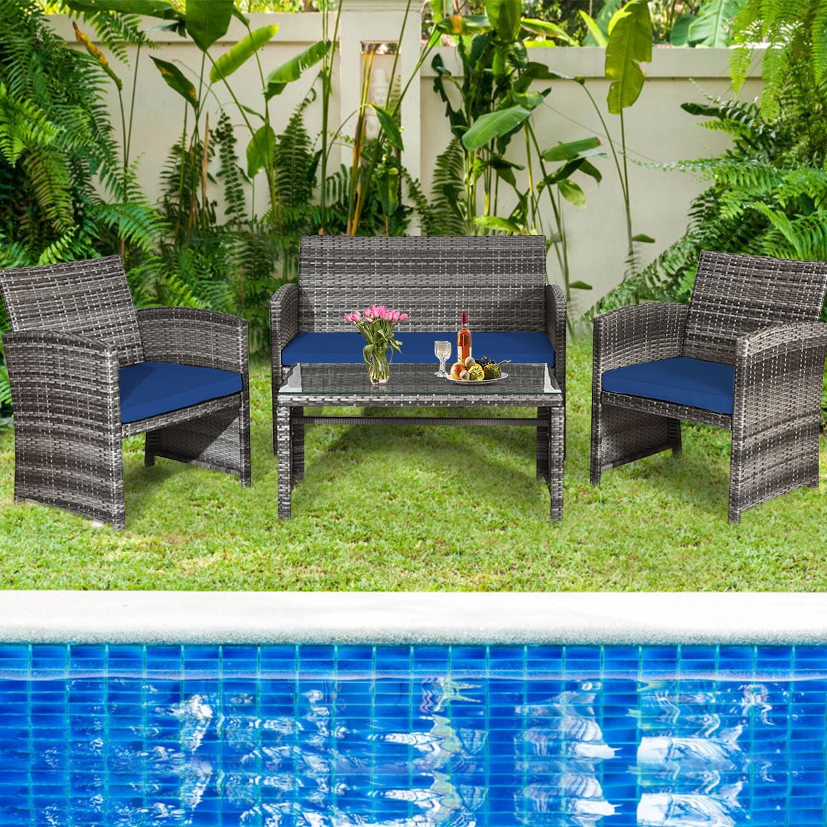 Costway 4PCS Patio Rattan Furniture Set Conversation Glass Table Top Sofa Cushioned Navy