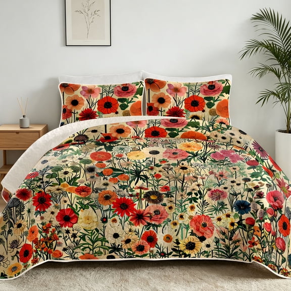 Davulos Floral Bedspreads for King Size Beds,3 Pieces Wildflower Pattern Lightweight Quilt Sets,Reversible Coverlets Thin Comforter Bed Cover for All Season