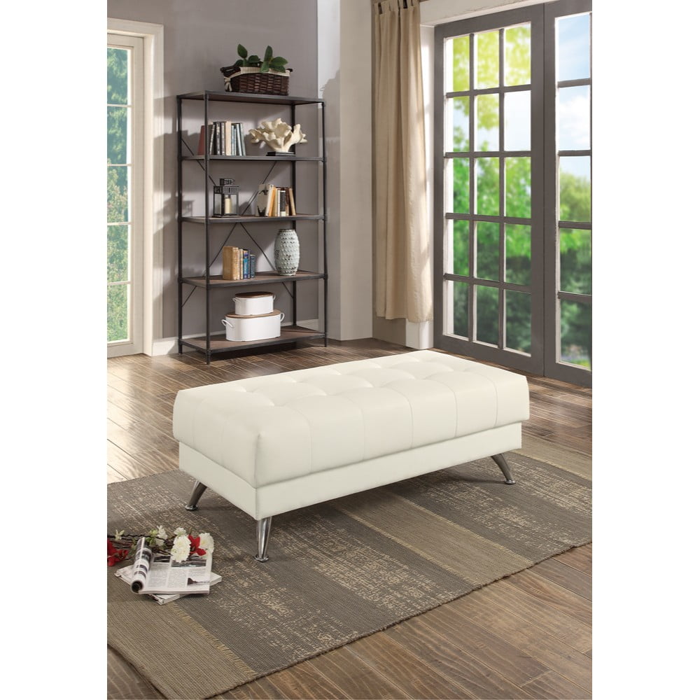Benzara Leather Ottoman with Chrome LegsColorWhite