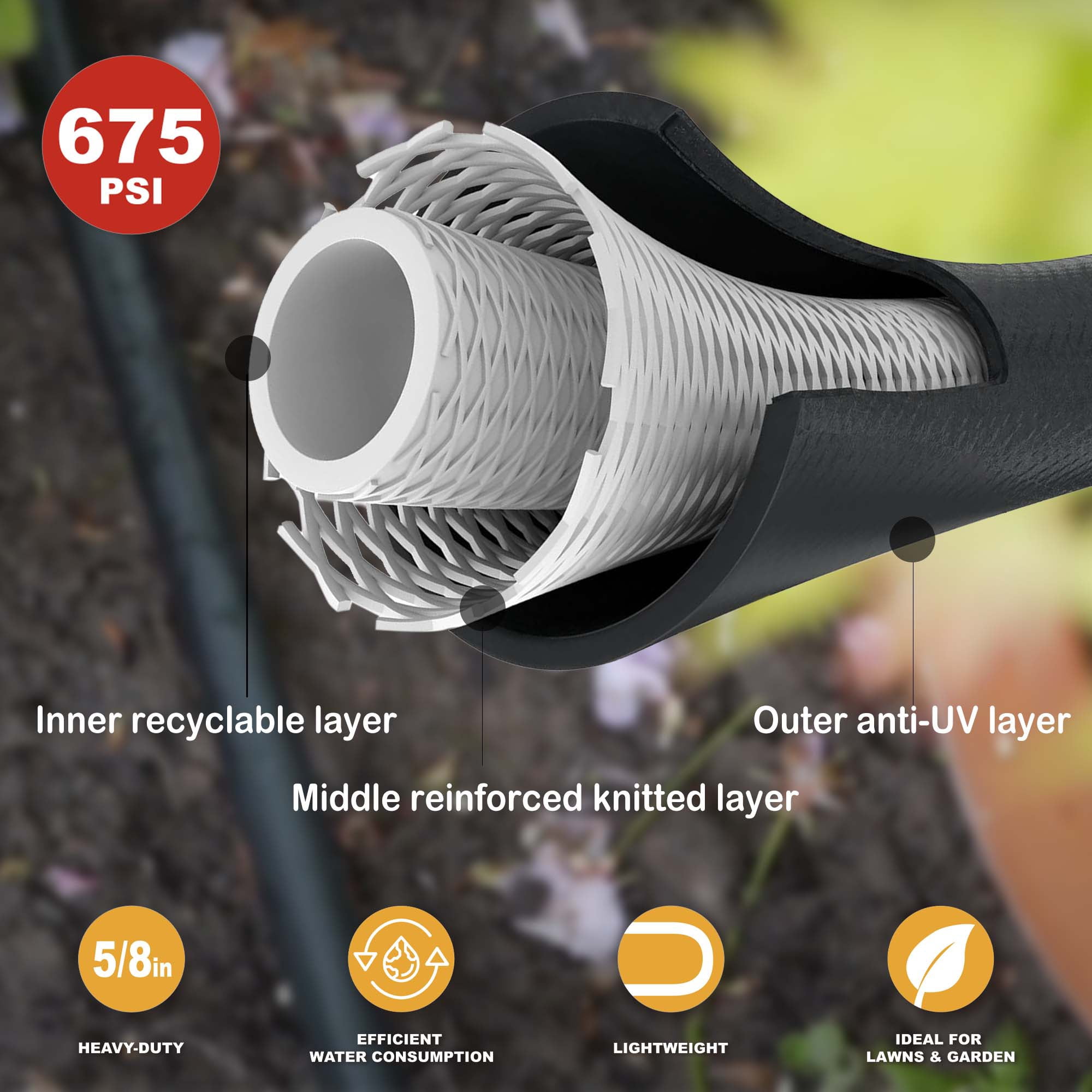 FangFarm Hybrid Garden Hose 15FT - 5/8" Heavy Duty Flexible Rubber Hose with GHT Brass Fittings - UV-Resistant Leak-proof Ideal for Lawn & Outdoor Use