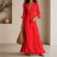 thumbnail image 2 of HVOBTTY Womens Maxi Dress Deep V Neck Ruffle 3/4 Sleeve red Solid Color Long Romantic, 2 of 5