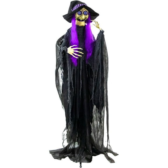 Haunted Hill Farm 6-Ft. Life-Size Witch Prop with Lights and Sound, Indoor/Covered Outdoor Halloween Decoration, HHWITCH-36FLSA