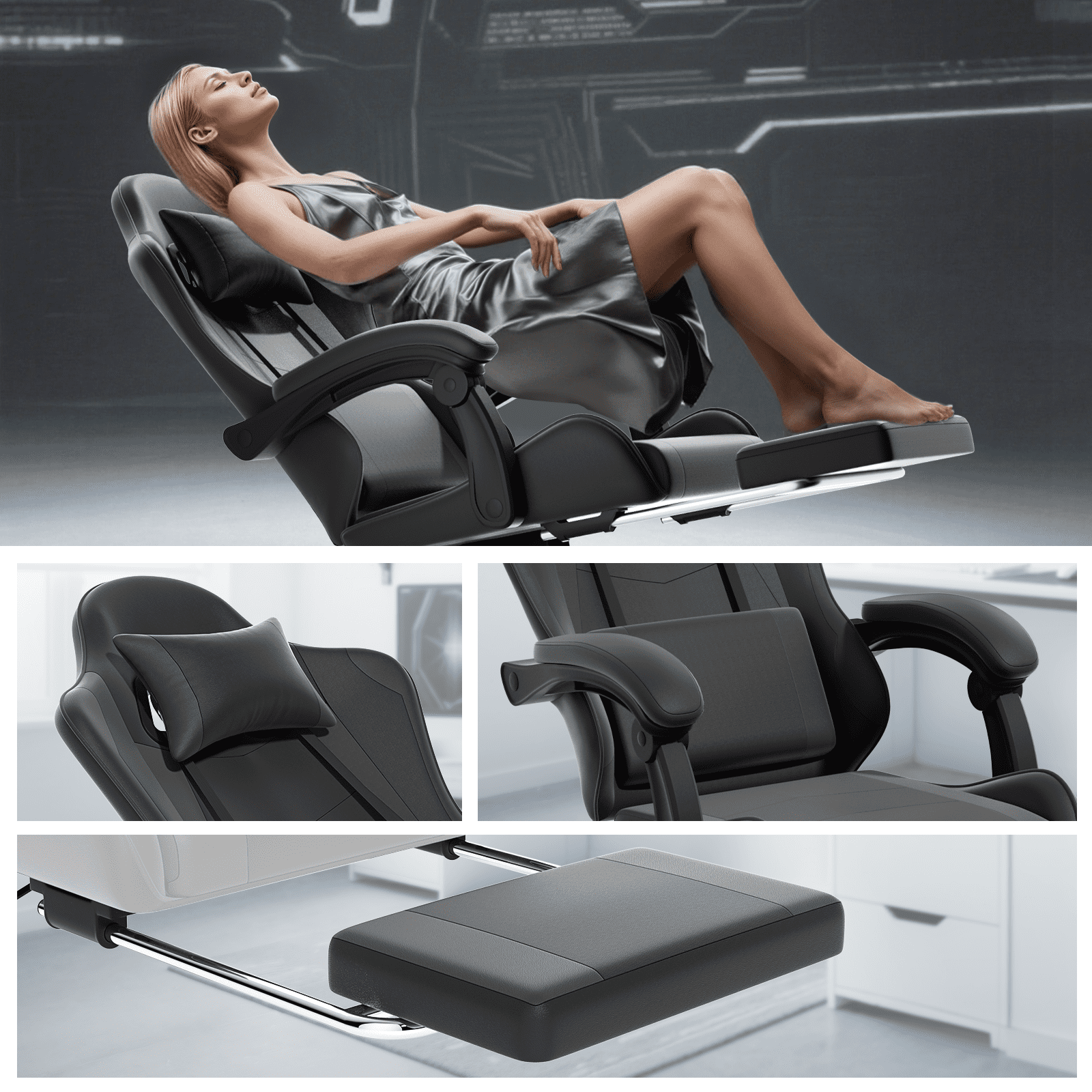 OSM Gaming Chair with Footrest & Headrest, High-Back Ergonomic Computer Desk Chair - Adjustable Lumbar Support, Reclining Office Chair for Adults, 350lbs, Black