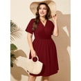 thumbnail image 2 of SHOWMALL Women's Plus Size Dress, Crossover Wrap V Neck Summer Dress with Pockets, Wine Red 2X Elastic High Waist A-Line Casual Party Work Dress, 2 of 7