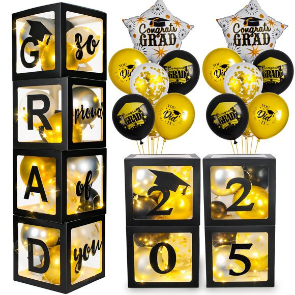 Decoraciones de graduación AYGXU 2025 con globos, cajas y luces