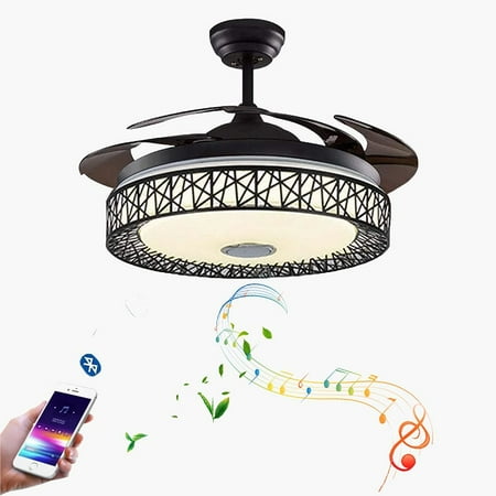 

FINE MAKER Ceiling Fan Light with Bluetooth Speaker Remote Control Invisible Blades Fandelier 3 Speed Wind 3 Light Color LED Chandelier Fan for Living Room Bedroom Black Metal Finish