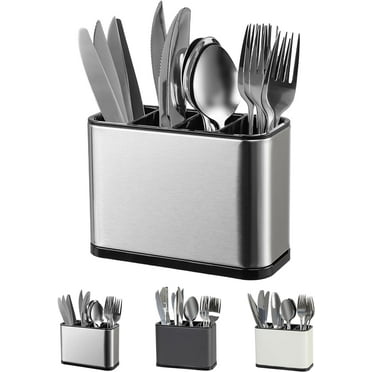 Kitchen Utensil Holder For Counter Organizer Stainless Steel 4 Compartments Storage Cooking Silverware Organizer Caddy Large Capacity Flatware Spoon Spatula Fork Gift (Silvery)