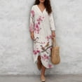thumbnail image 4 of DISNIMO Bird Flower Print Women Casual Maxi Dress Long V Neck Shift Dresses Loose 3/4 Sleeve Dresses for Women Fashion Linen Style Clothes, S, 4 of 6