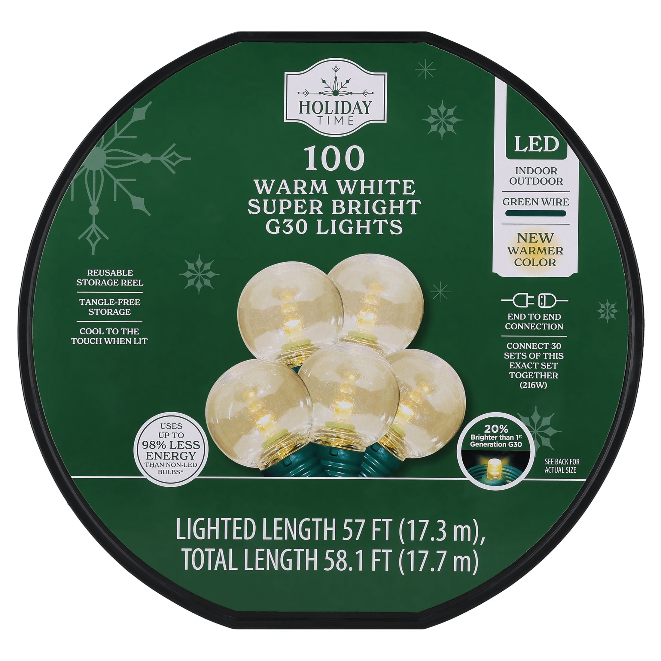 Indoor/Outdoor 100-Count LED Super Bright G30 Christmas String Lights, Warm White, Green Wire, 57', by Holiday Time