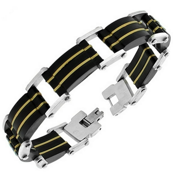 Stainless Steel Silver Black Yellow Gold-Tone Link Chain Mens Bracelet with Clasp