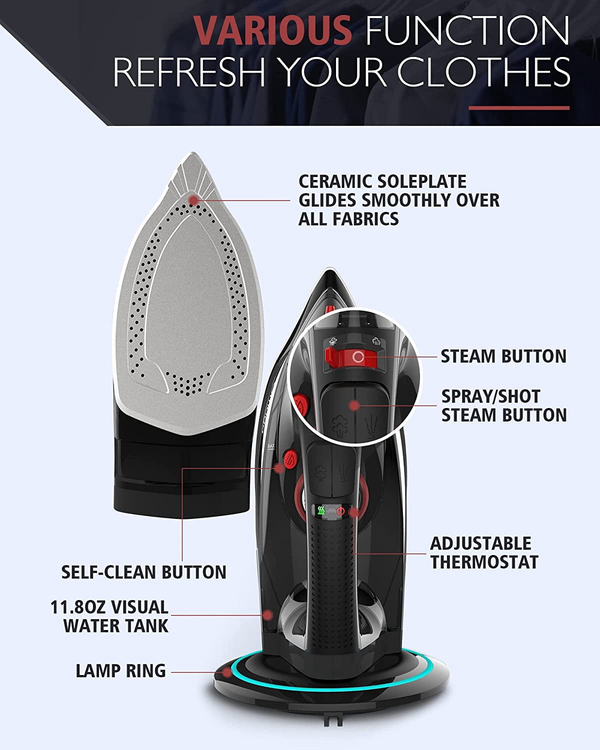 Cordless Iron for Clothes, 1500W Steam Iron Rapid Heating, Ceramic Soleplate, Auto Shut Off, Self-Clean, Anti-Calc, 3 Temperature Settings, 11.84oz Water Tank Ironing Clothes for Home, Black