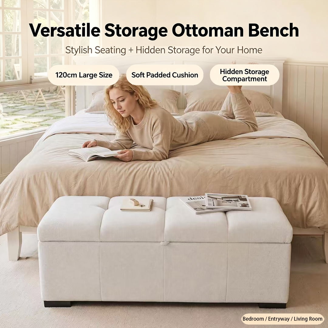 Modern Bed End Bench 47.2 Inch, Upholstered Storage Ottoman for Bedroom and Living Room, Rectangular Storage Bench for Entryway and Office, Beige