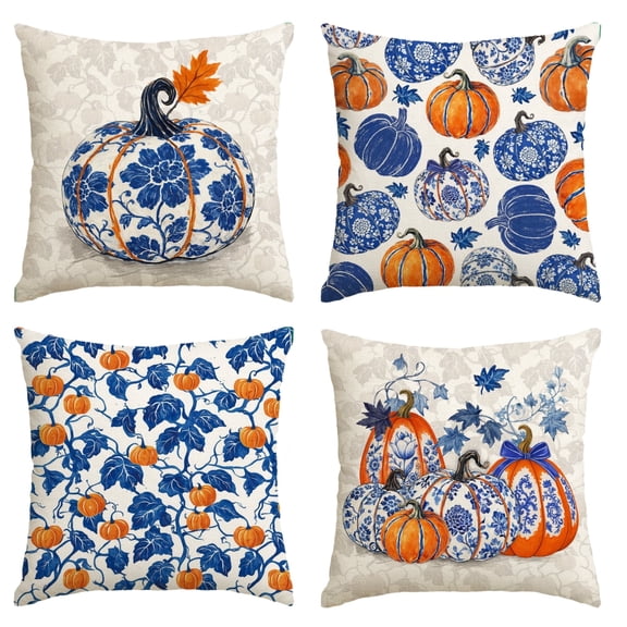Sm:)e Set of 4 Fall Pillow Covers 18x18 Inch - Autumn Decorative Throw Pillowcases with Pumpkins Chinoiserie Grandmillennial