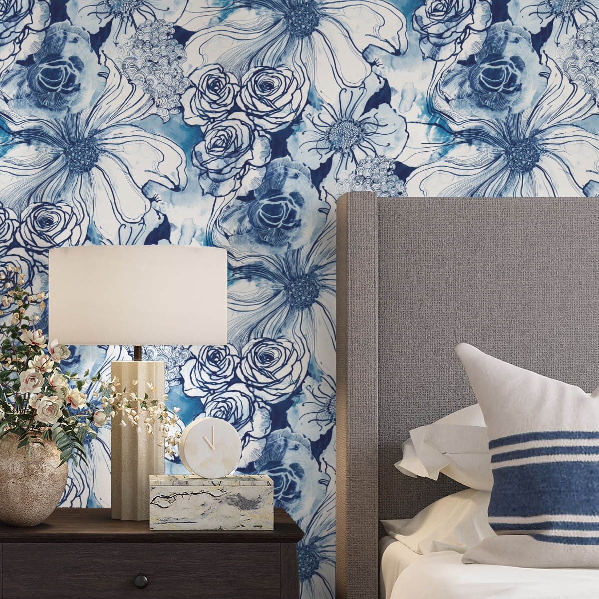 NextWall Harry & Grace Ink Rose Peel and Stick Wallpaper 20.5 in. W x 18 ft. L - Celtic Blue