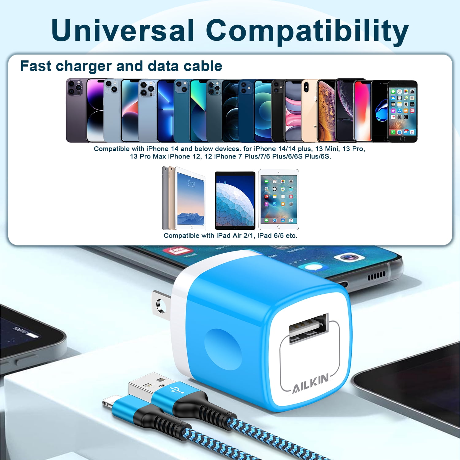 Compatible with iPhone Charger Fast Charging Cable AILKIN 2Pack Charger Block with 6ft Cord Charging Block Plug Power USB Wall Charger Adapter Compatible with iPhone 14/13/12/11,Blue