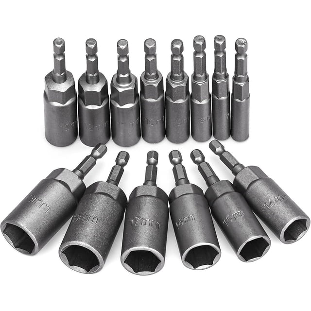 14 piezas de dados de impacto de 6 a 19 mm, profundidad de mecanizado de dados hexagonales de 34 mm, adaptador de punta de 1/4" para destornilladores eléctricos, funda para llave de destornillador