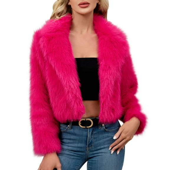 ZQGJB Women Faux Fuzzy Warm Coat Fluffy Long Sleeve Open Front Cropped Plush Thick Jacket LapeL Collared Shaggy 2025 Warm Winter Outwear Tops Hot Pink L