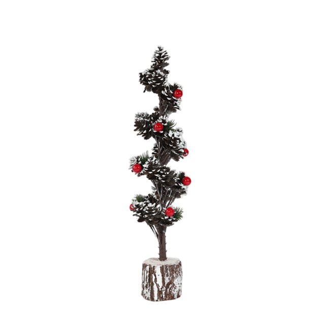 Arbre de Pin Artificiel Enneigé de 24 Pouces avec Baies Rouges et Base en Bois, Décoration de Table pour les Fêtes d'Hiver, Accent de Sapin de Noël Festif