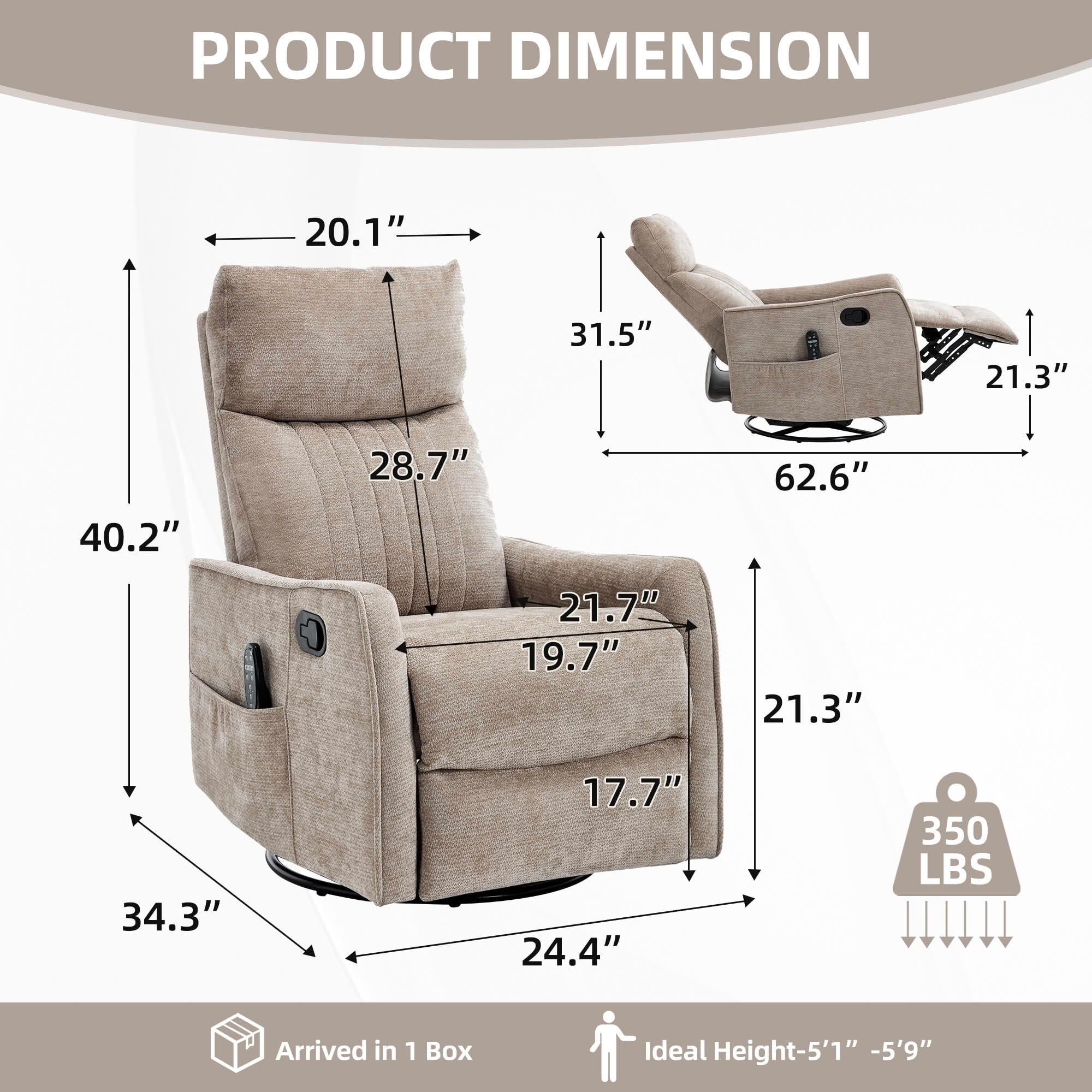 MAYEERTY Faux Leather Heat Massage Recliner Chair, 360° Swivel Rocker 26"x35"x39" for Living Room, Dark Brown