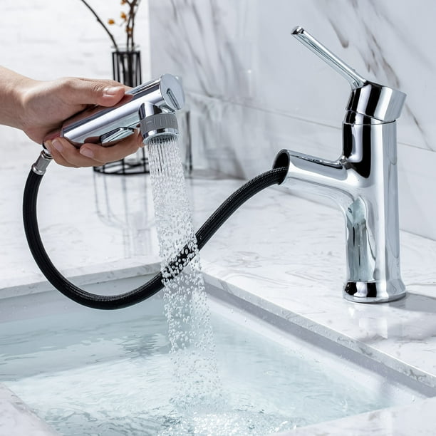 Grifo de baño moderno, grifo monomando de latón para baño con rociador extraíble, grifo para fregadero de encimera, lavamanos, agua fría y caliente disponible, cromado brillar Electrónica