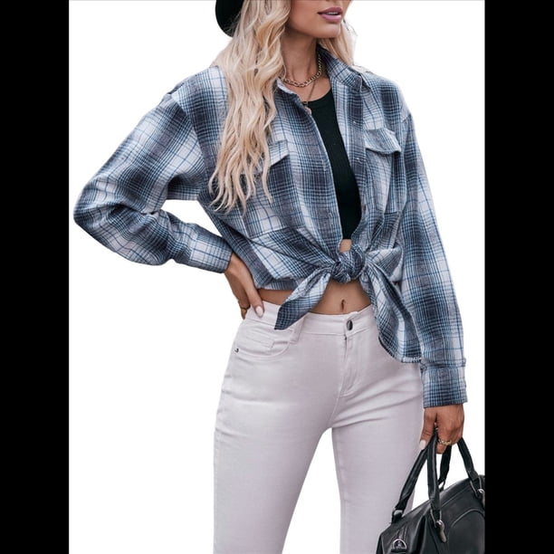 Camisa de Franela A Cuadros con Botones para Mujer, Chaqueta de Larga y Corta, Talla Grande. Azul XXL