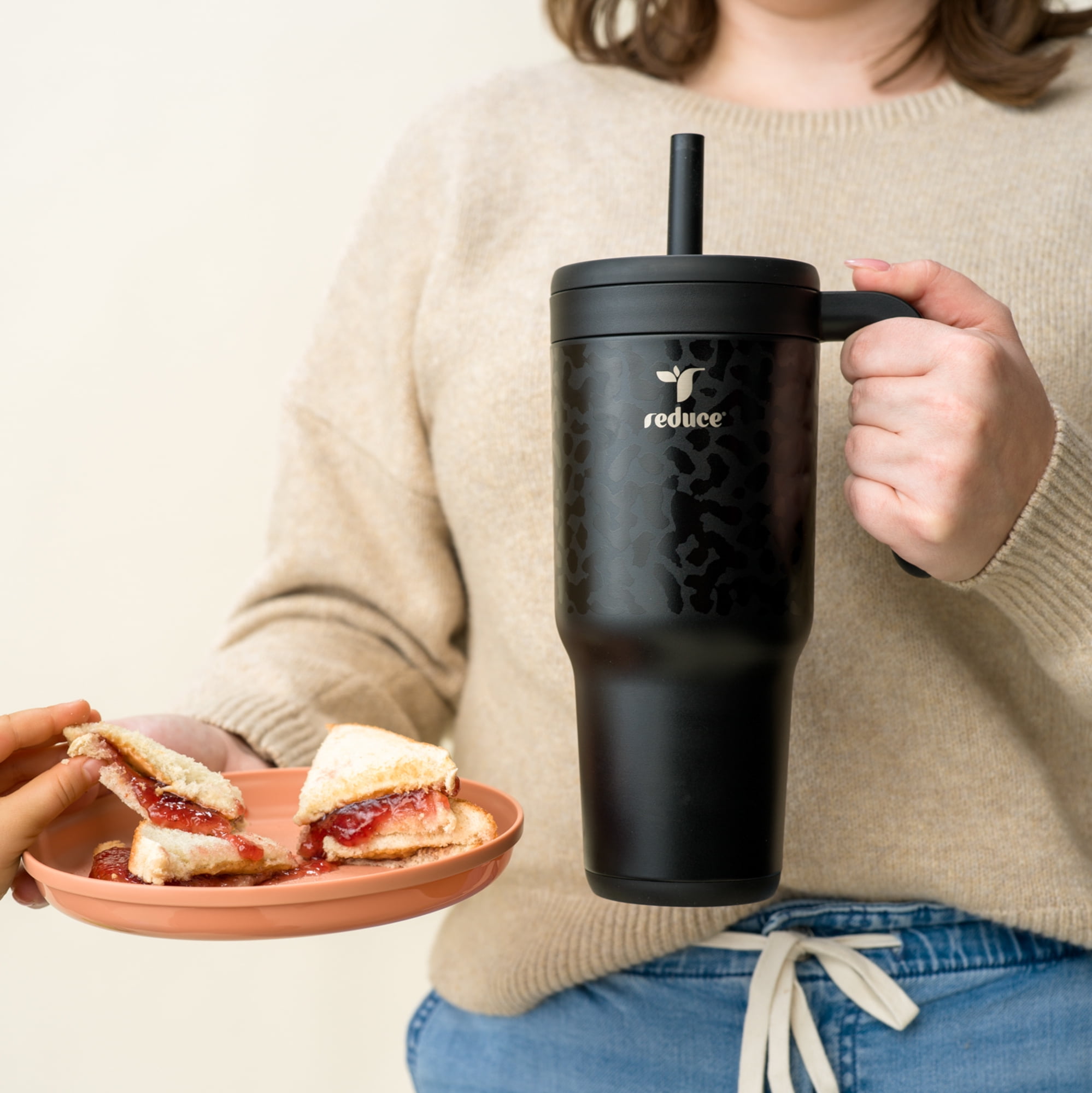 Reduce Chiller 34oz Spill-Proof Tumbler with Handle, Black Cheetah