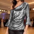 thumbnail image 2 of Tops de Manga Larga de las Mujeres con Brillo Metálico Y Textura de Costillas, Blusa Casual de Hombros para Fiesta Y Uso Cotidiano, Tops de Manga Corta de las Mujeres, 2 of 7