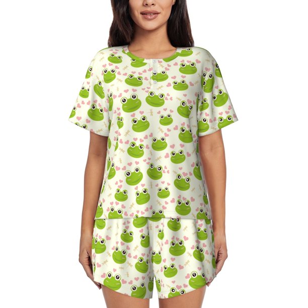 Fotbe Green Frog Conjunto de Pijama Estampado para Mujer, 2 Piezas, Ropa de Dormir con Camiseta de Manga Corta y Shorts Suaves-Large