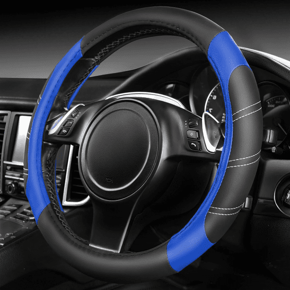 Black-Blue Microfiber Leather Sporty Steering Wheel Cover, 14.5-15 Inch, Anti-Slip, Universal Fit for Truck, SUV & Car