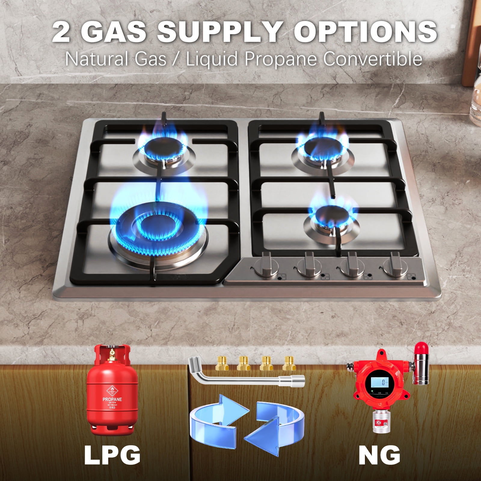 GRACEALL 24-Inch Gas Stove Cooktop, NG/LPG Convertible, 4 Burners, Pre-Installed Propane Nozzles