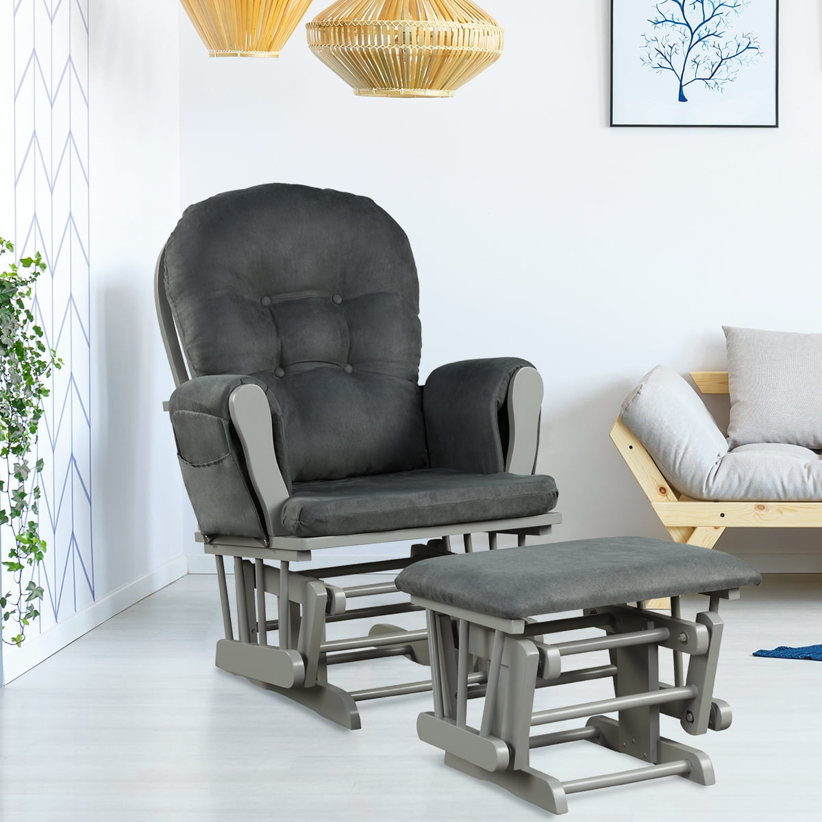 Topbuy Rocking Chair Baby Nursery Chair Glider with Ottoman &Storage Pocket Gray Finish w/ Dark Grey