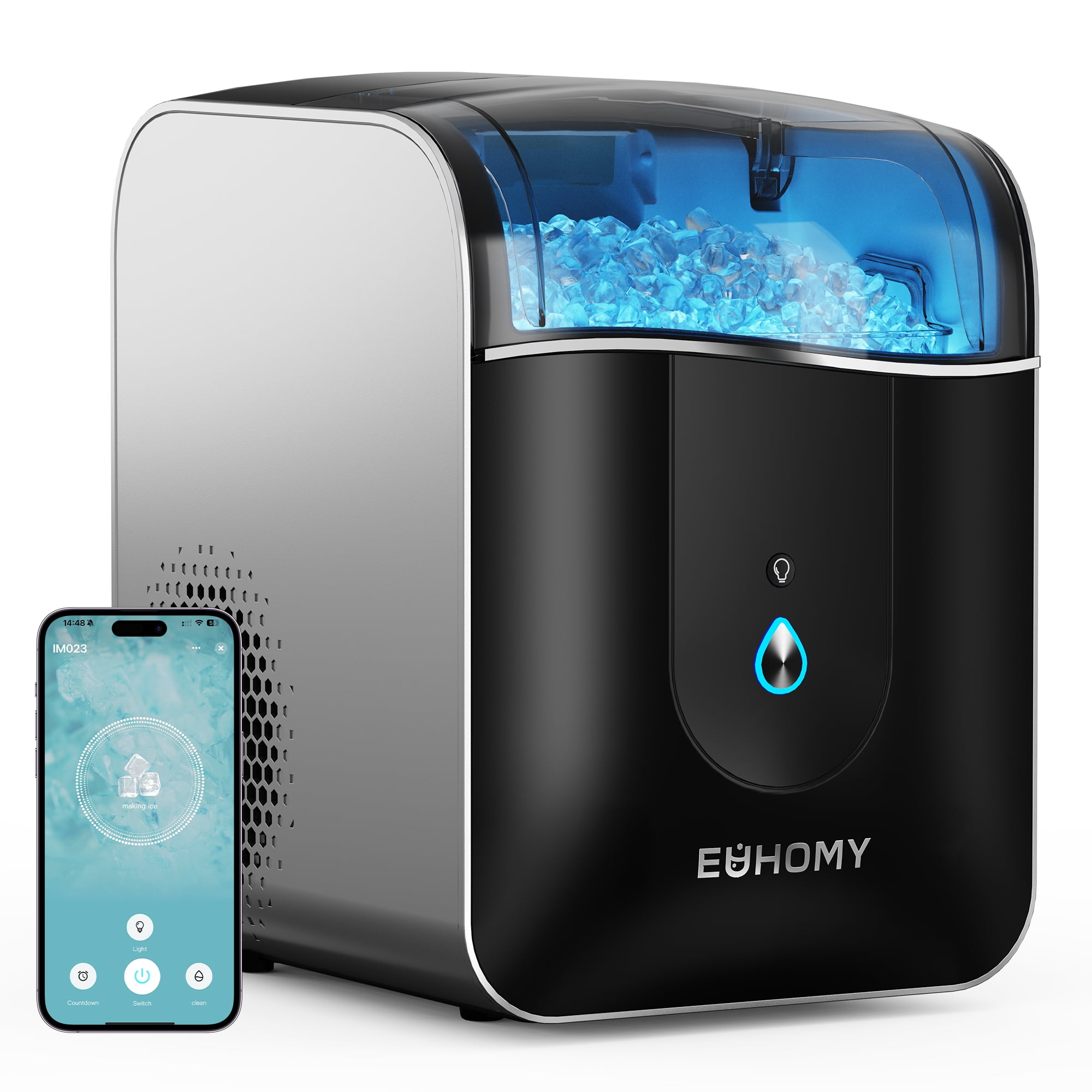 EUHOMY Countertop Nugget Ice Maker, 40 lbs/24H, Self-Cleaning, Smart App, Chewable Ice, Black