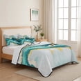 thumbnail image 5 of Full Quilt Set 78''x90'', Abstract Marble Lightweight Bedspread Coverlet Set with 2 Pillow Shams, Turquoise Abstract Golden Foil Texture Breathable All Season Quilt Bedding for Bedroom/Guest Room, 5 of 9