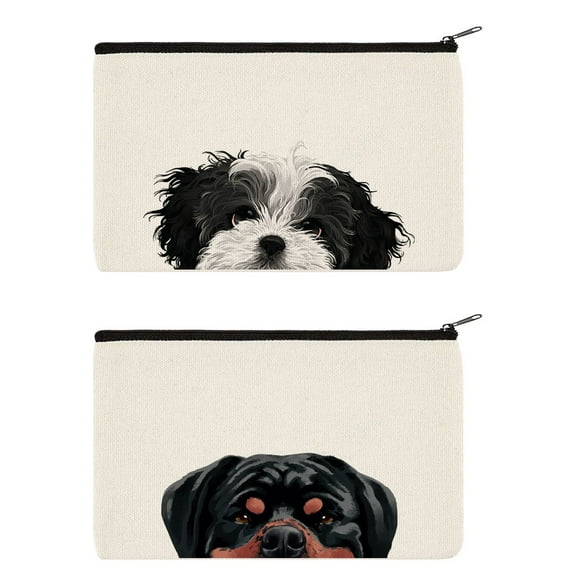 WIRESTER Set 2 of Canvas Cosmetic Bag, Makeup Bag, Cosmetic Pouch for Women - Black Tan Rottweiler Shih Tzu Dogs