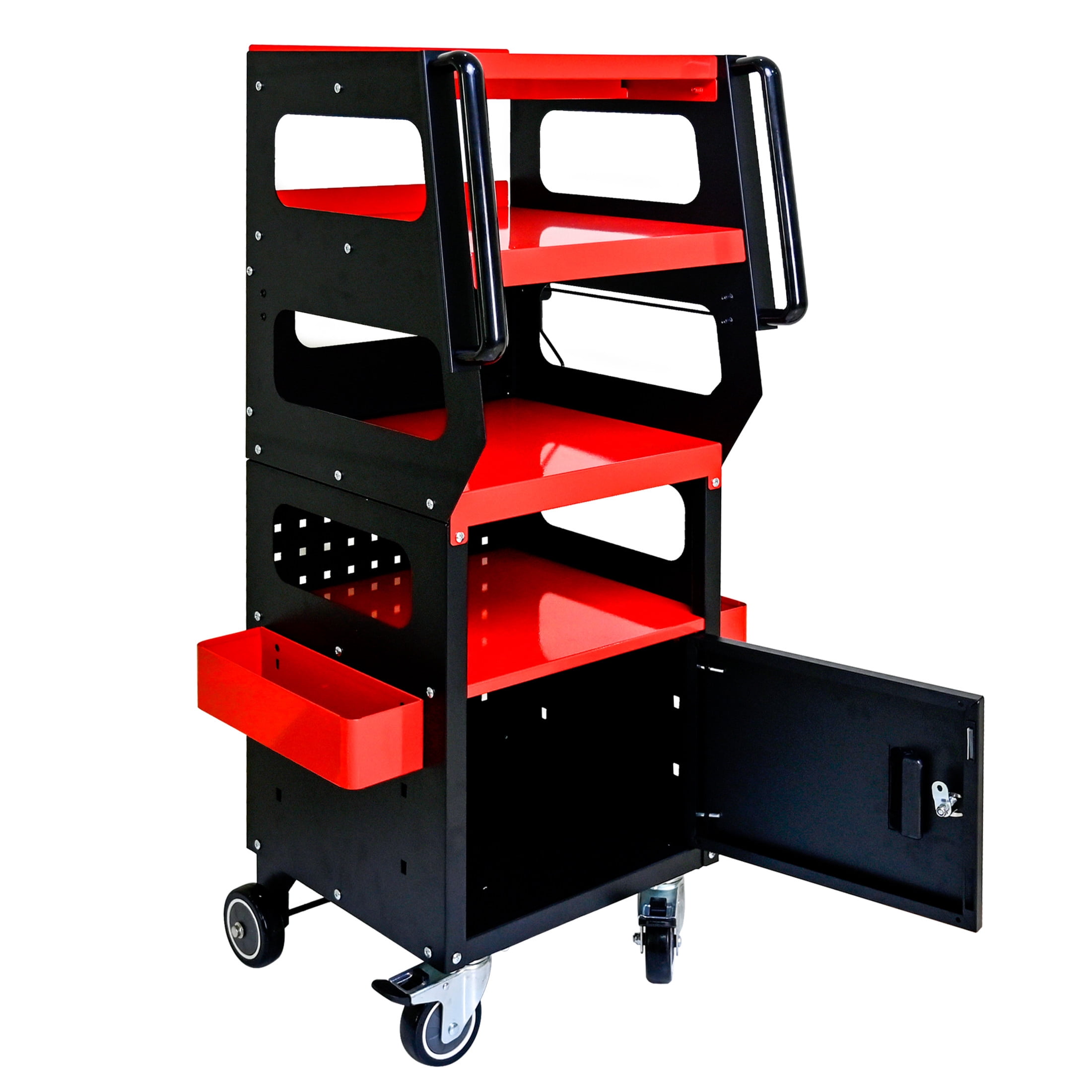Noble House 17" 4-Level Multi-functional Diagnostic Trolley, Car Equipment Cart with Locking Cabinet, Black & Red