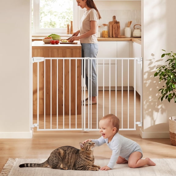 KFFKFF Adjustable Baby Gate for Stairs, 31-48 in Width, 30 in Height, Pet-Friendly Design, One-Hand Operation, Secure Hardware Installation, Ideal for Stairs, Doorways, and Home Use, White