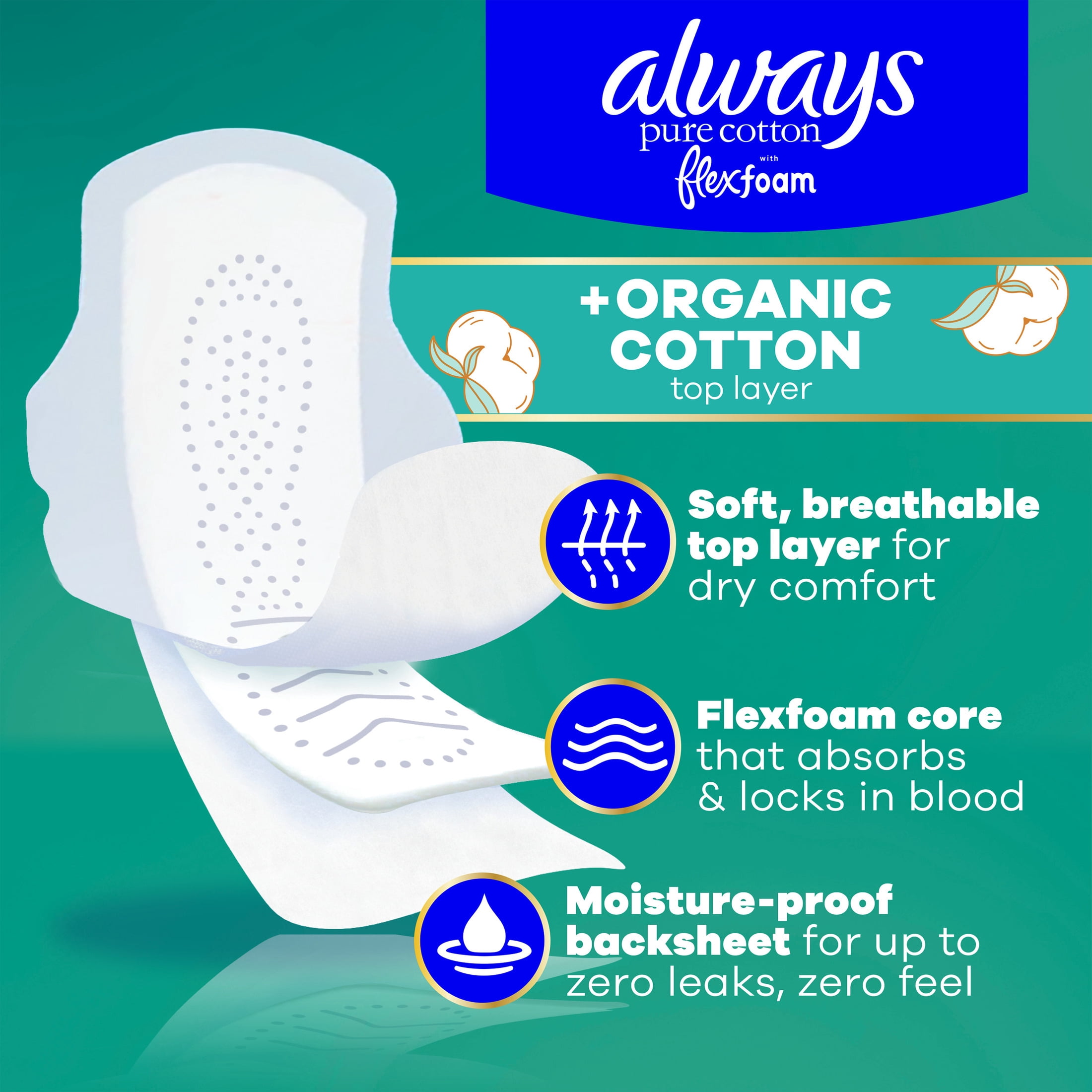 (3 pack) Always Pure Cotton Pads with Organic Top Layer, Size 4 Pads with Wings, Overnight, Heavy Absorbency, 20 Count