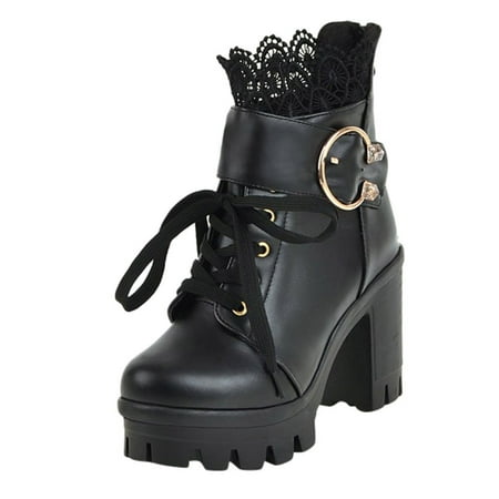 

Wesracia Boots For Women Winter Boots Fashion Women s Thick High Heel Lace Up Ankle Boots Platform Lace Student Shoes