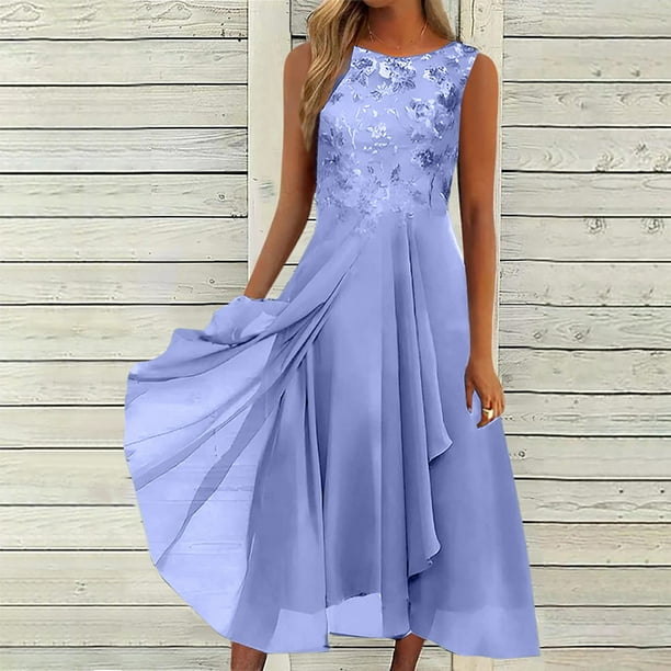 ICHUANYI Clearance Women Sexy Solid Sleeveless Round Neck Lace Chiffon Mesh Waist Party Dresses(Purple, XXL) ICHUANYI WER2023080813919