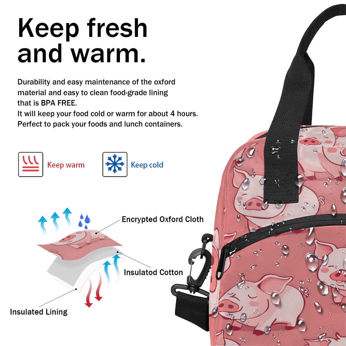 Herdesigns Pink Pig Insulated Lunch Bag for Women Men Adults Large Reusable Lunch Box Leakproof Portable Cooler Tote Bags with Adjustable Shoulder Strap