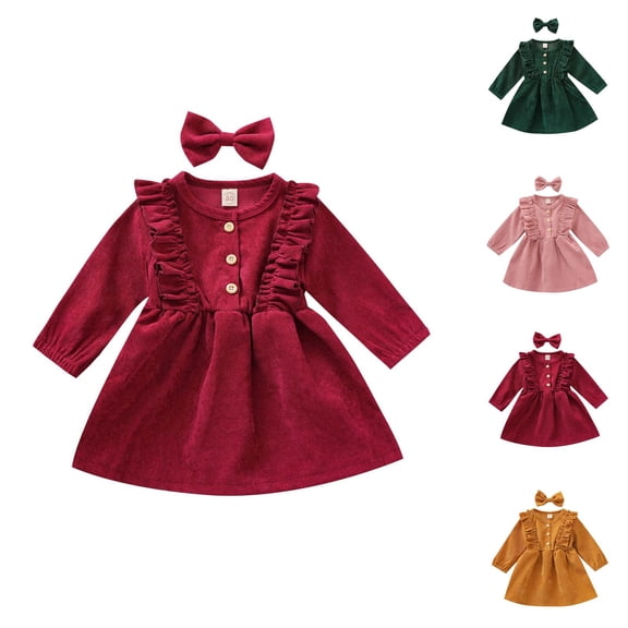 Long Sleeve Corduroy Pinafore Dress and Headband for Baby Toddler Girls, Ruffled Snap Button Outfit, Princess Party Wear for Fall Winter
