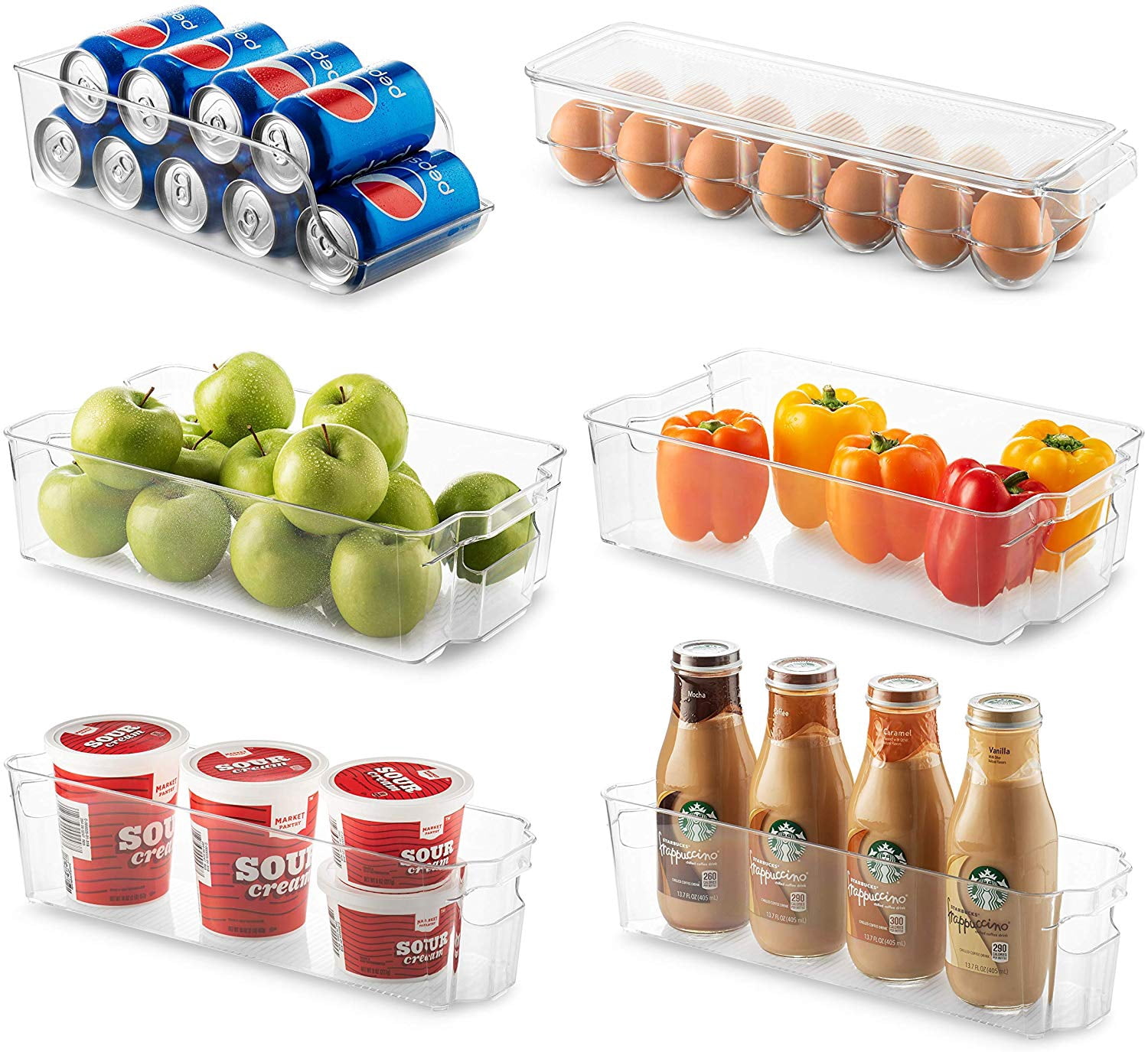Set of 6 Refrigerator Organizer Bins - Stackable Fridge Organizers for Freezer, Kitchen, Countertops, Cabinets - Clear Plastic Pantry Storage Racks