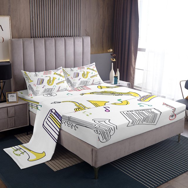 Music Bed Sheets Set Cartoon Mucical Notes Full Sheet Set for Kids Boys Girls Cute Saxophone Piano Pattern Sheets Mucic Theme Tromebone Top Sheet for Home