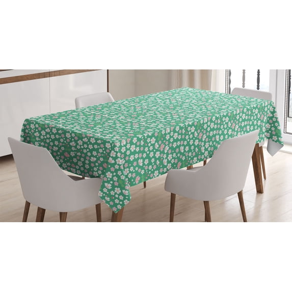 Cherry Blossom Tablecloth, Downward Sloping Cherry Blossom Petals on a Greenery Background, Rectangle Satin Table Cover Accent for Dining Room and Kitchen, 60" X 84", Rose and Sea Green, by Ambesonne